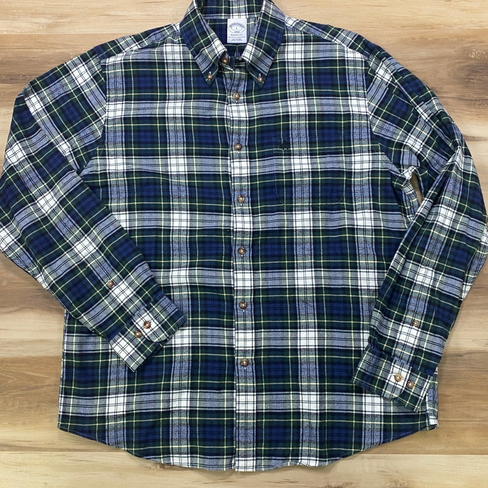 Brooks Brothers Flannel Shirt L Tartan Plaid Button Down Cotton Regent Fit